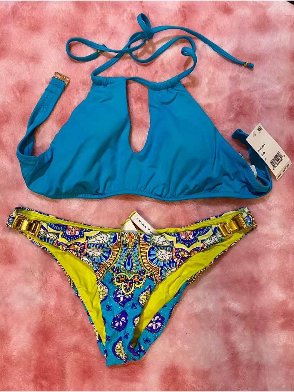 Trina Turk Turquoise Halter Bikini Top with Yellow Multicolor Print Bottom